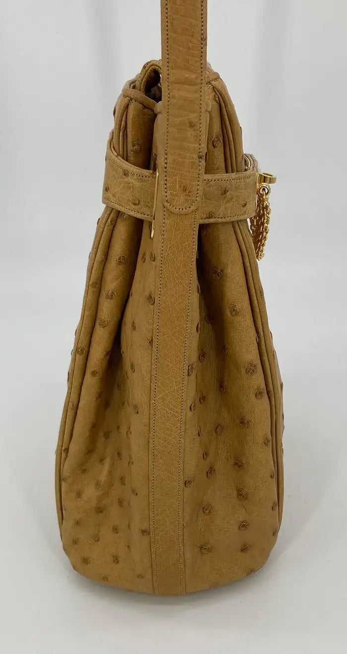 Vintage Judith Leiber Tan Ostrich Kelly Lock Shoulder Bag