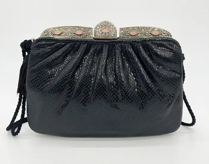 Judith Leiber Black Lizard Antique Silver Crystal Rose Quartz Shoulder Bag