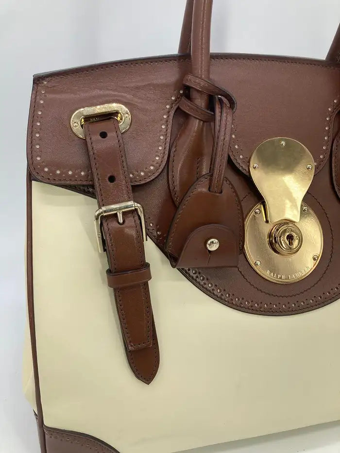 Ralph Lauren Cream and Brown Leather Rickey Bag