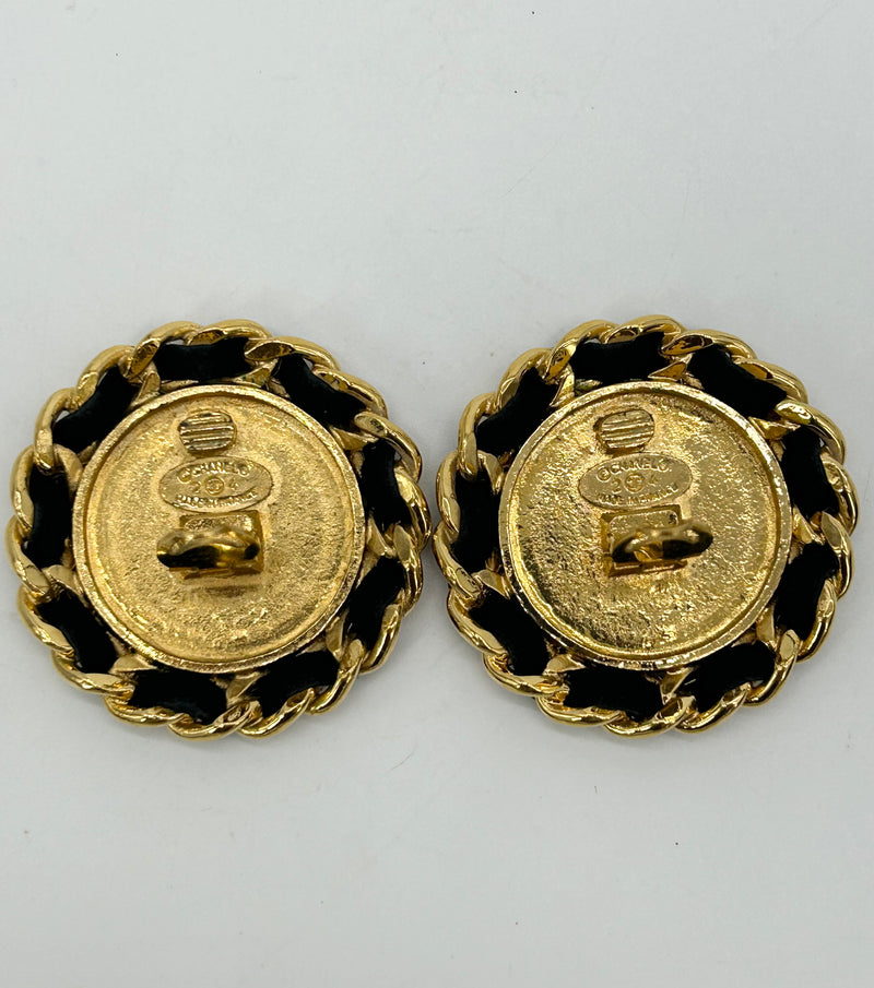 Chanel Vintage Gold Leather Chain Round Earrings