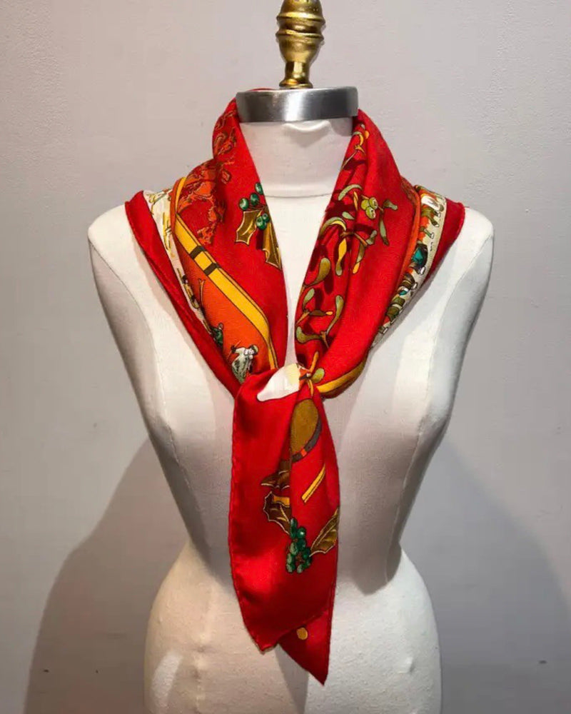 Hermes Vintage Neige d’Antan Cashmere Silk Scarf 35 in red