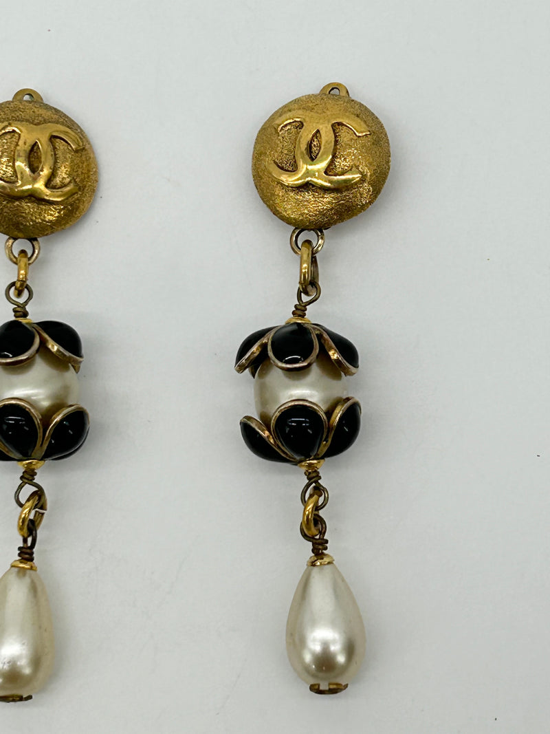 Chanel Gold Enamel Pearl Teardrop Earrings