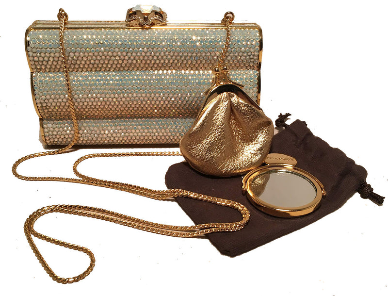 Judith Leiber Iridescent Swarovski Crystal Gold Minaudiere Evening Bag Clutch