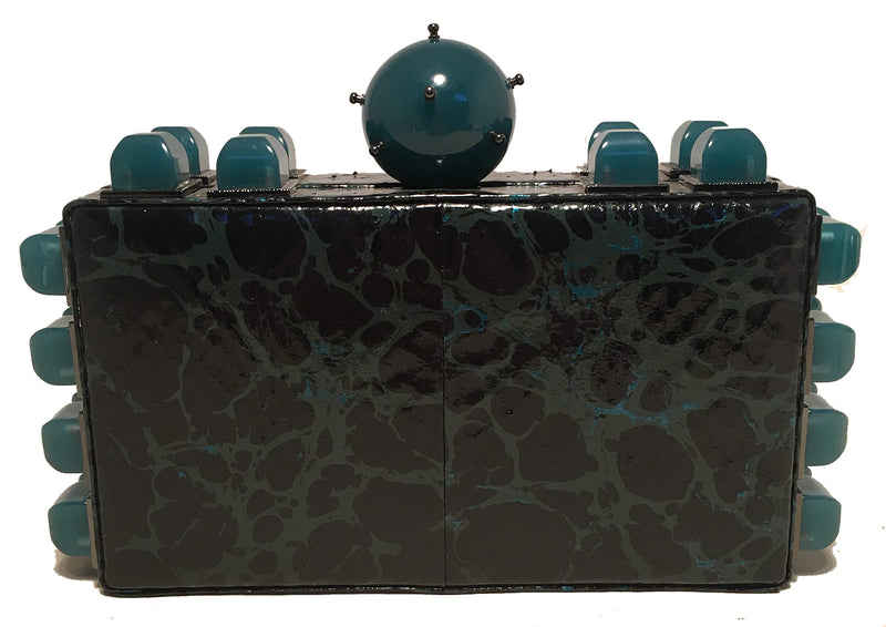 Tonya Hawkes Black Teal and Green Leather Paint Splatter Convertible Clutch