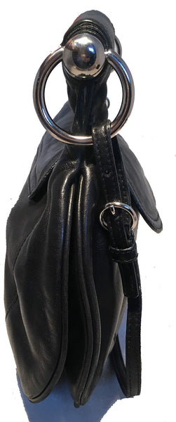 EEUC Prada Black Leather Bar top silver handle shoulder bag purse