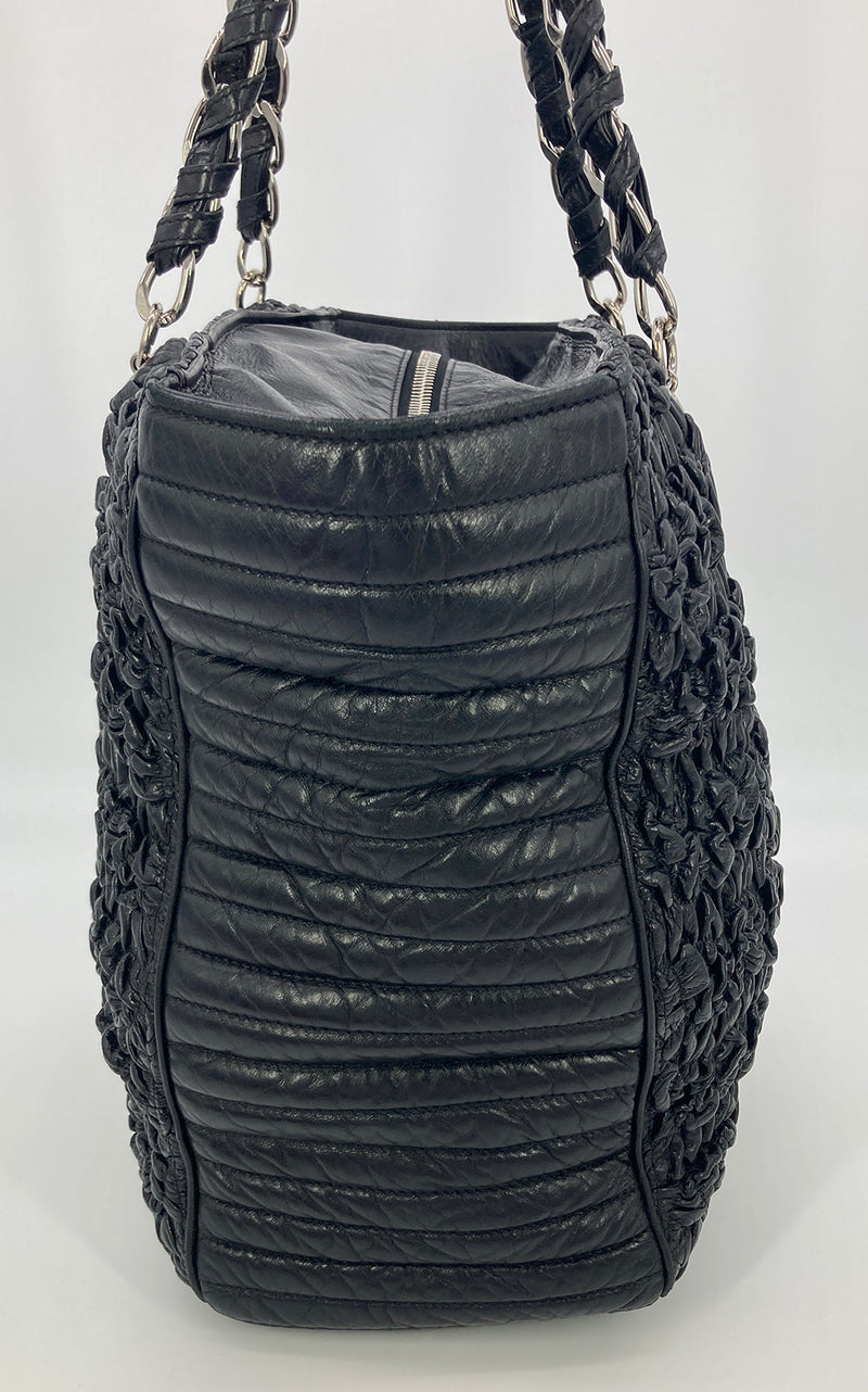 Chanel Astrakhan Black Leather Ruched Shopping Tote