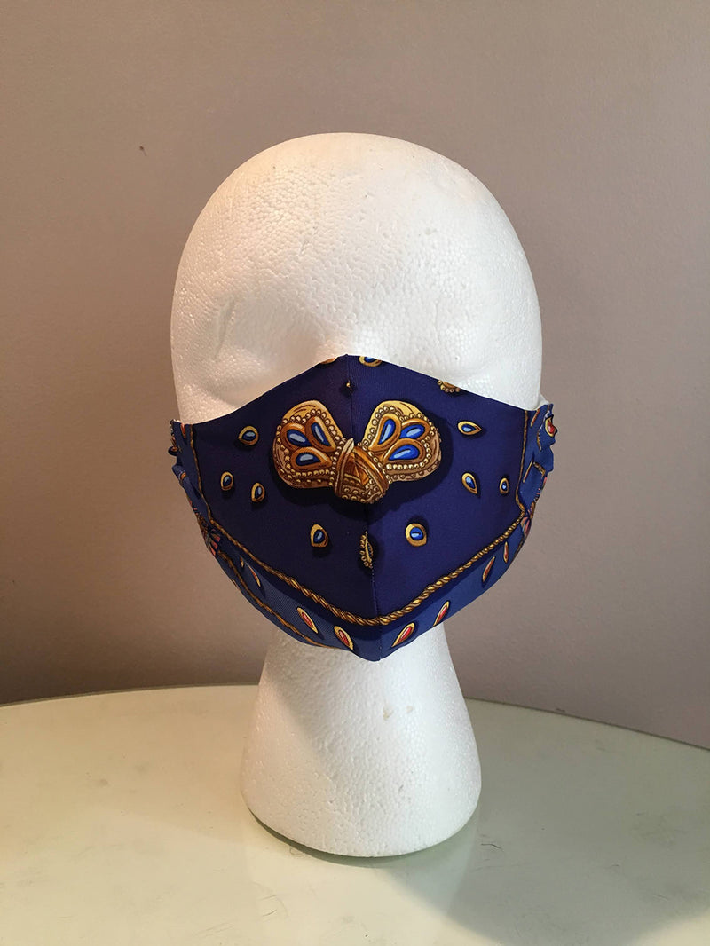 Hermes Handmade Blue Tresors Retrouves Silk Scarf Face Mask