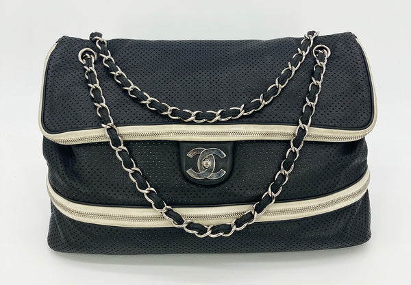 Chanel Black Perforated Leather Expandable Classic Flap Shoulder Bag
