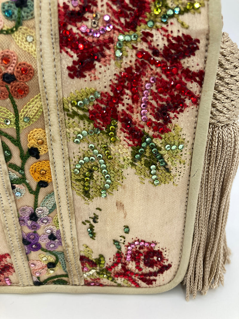 Vintage Judith Leiber Silk Floral Crystal Embroidered Tassel Clutch
