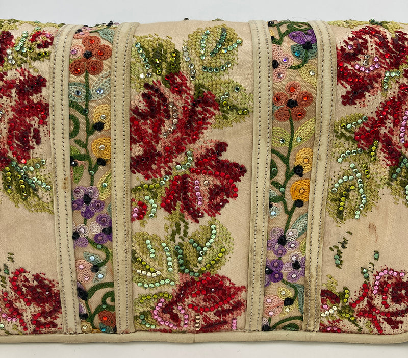 Vintage Judith Leiber Silk Floral Crystal Embroidered Tassel Clutch