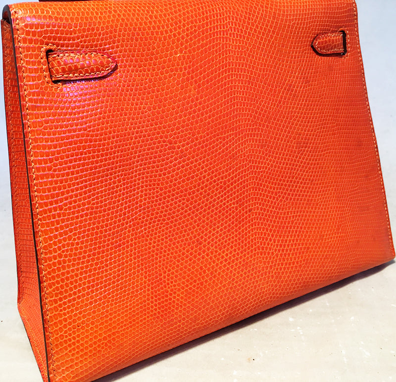 Hermes Tangerine Orange Shiny Niloticus Lizard Leather Kelly 25cm Sellier