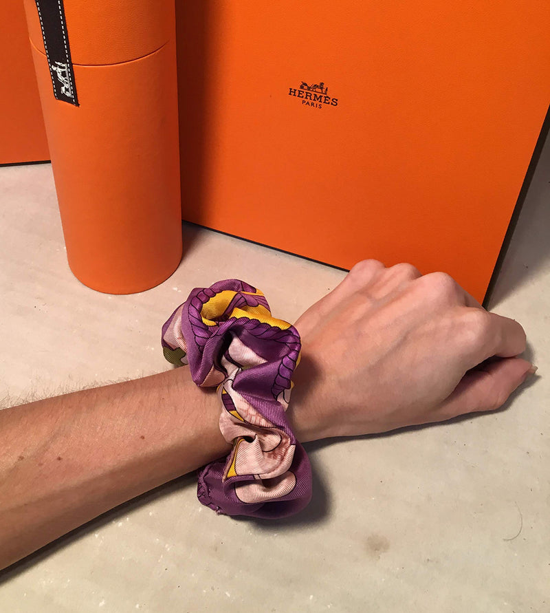 Vintage Hermes Handmade Souvenirs d'Asie Silk Scarf Scrunchie in Purple