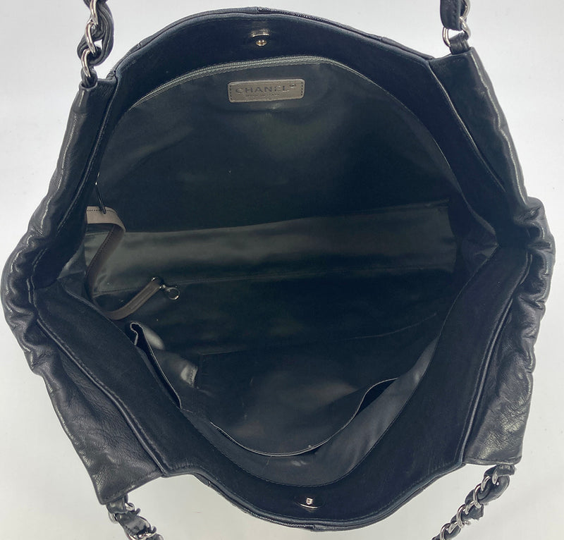 Chanel Black Leather Checkered Tote