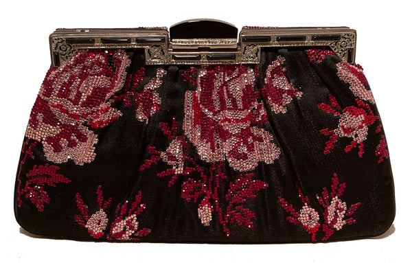 Judith Leiber Black Silk Rose Swarovski Crystal Evening Bag Clutch For Sale  at 1stDibs