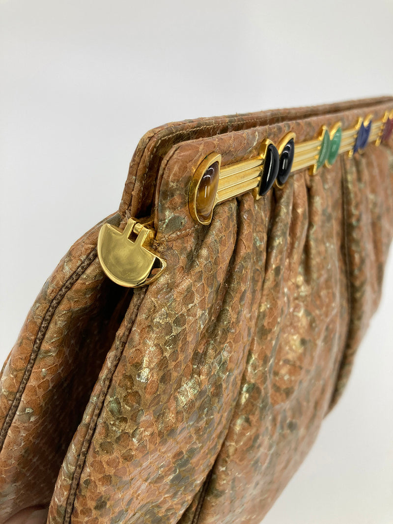 Vintage Judith Leiber Natural Tan and Brown Snakeskin Clutch