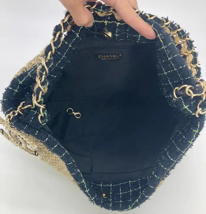 Chanel Woven Tan Rattan Straw Wool Trim Camellia Flower Shoulder Bag
