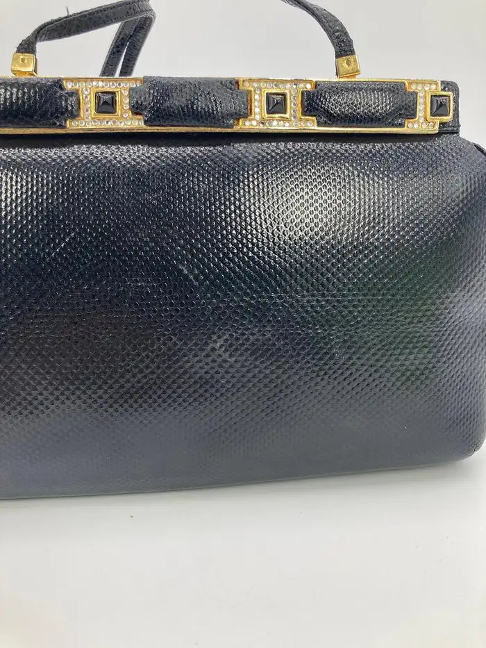 Judith Leiber Black Lizard Crystal and Leather Top Clutch