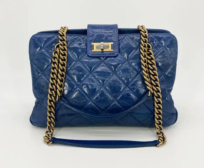 Chanel Blue Glazed Calfskin Quilted Tote Bag Ladybag International