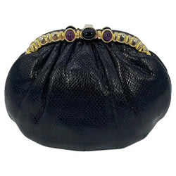 Judith Leiber Black Lizard Purple & Black Gemstone Top Clutch