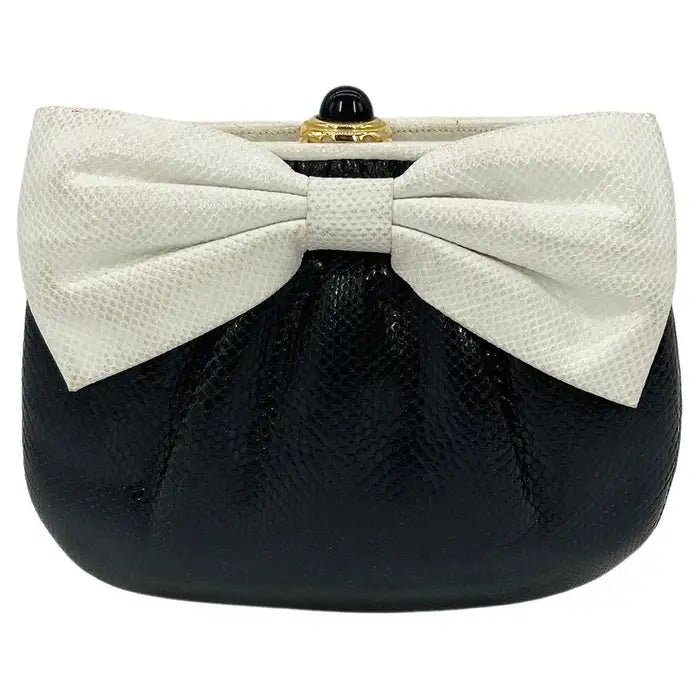 Judith Leiber Black and White Lizard Bow Front Clutch