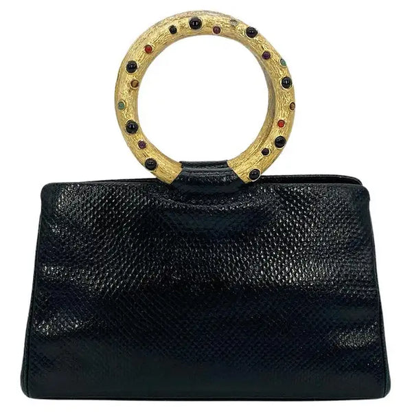 Judith Leiber Black Lizard Round Gold Gemstone Top Handle Bag