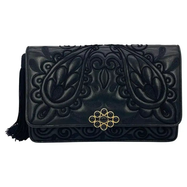 Judith Leiber Black Embroidered Leather Tassel Clutch