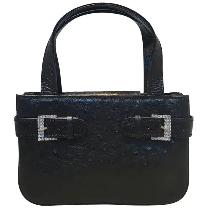 MCM Vintage Mini Black Ostrich Handbag with Rhinestone Buckles