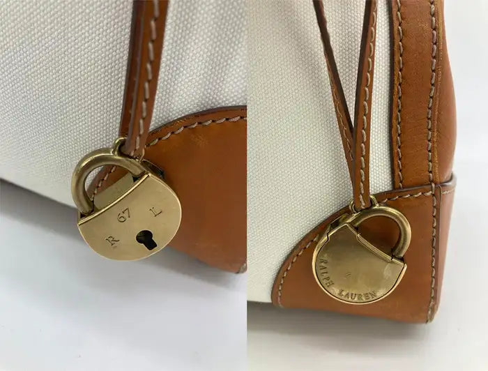 Ralph Lauren Vintage Cream Canvas Tan Leather Rickey Bag Ladybag International