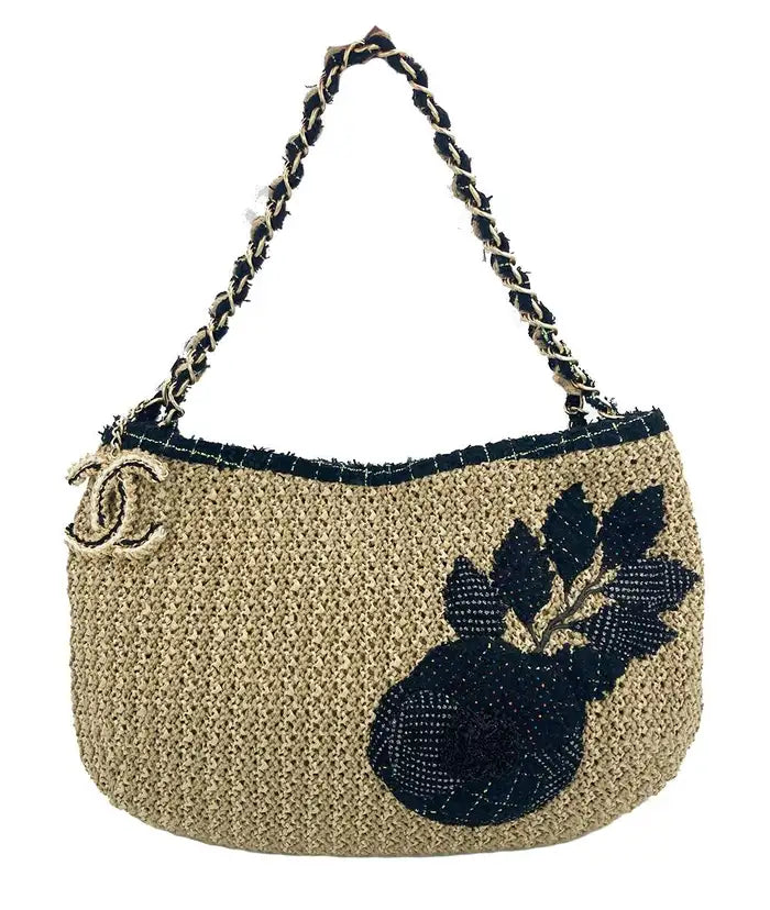 Chanel Woven Tan Rattan Straw Wool Trim Camellia Flower Shoulder Bag