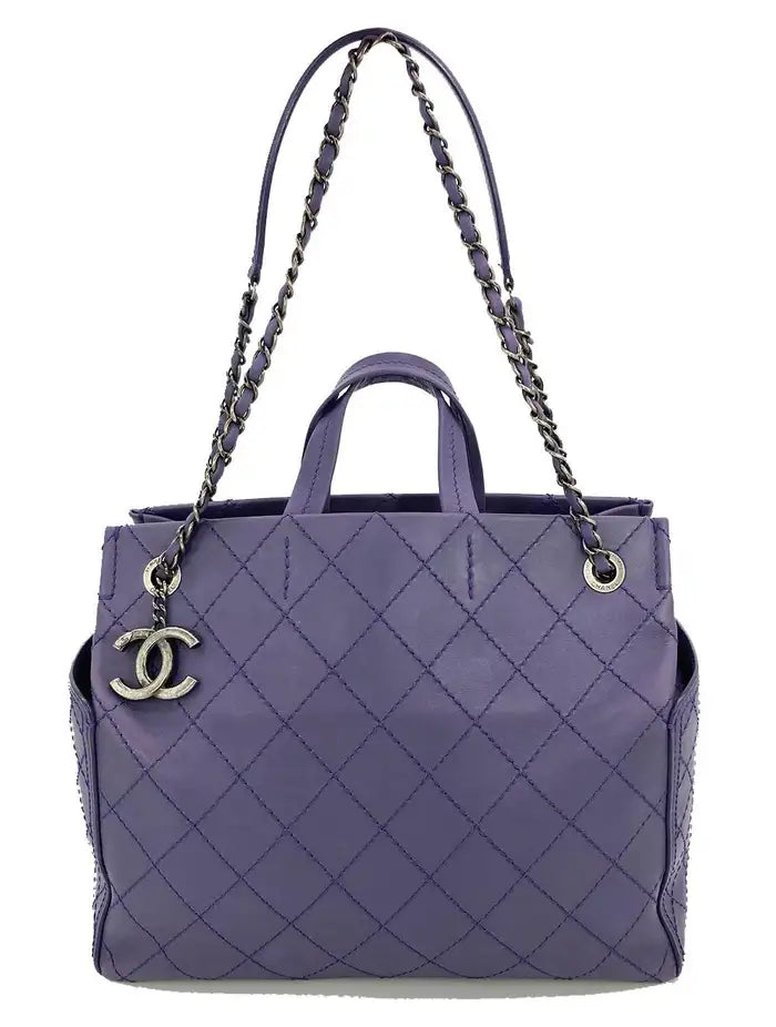 Chanel Tweed and Leather Hobo Bag Purple and Black With Silver Hardware