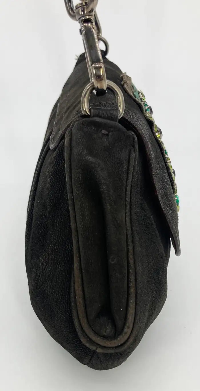 Prada Black Suede Rhinestone Alligator Flap Shoulder Bag