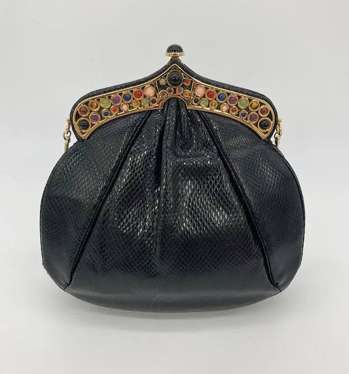 Judith Leiber Black Lizard Gemstone Top Shoulder Bag