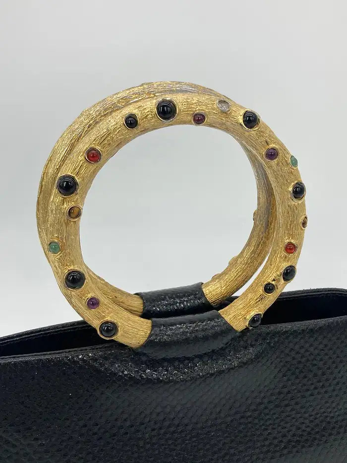 Judith Leiber Black Lizard Round Gold Gemstone Top Handle Bag