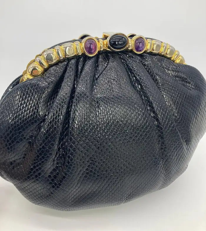 Judith Leiber Black Lizard Purple & Black Gemstone Top Clutch