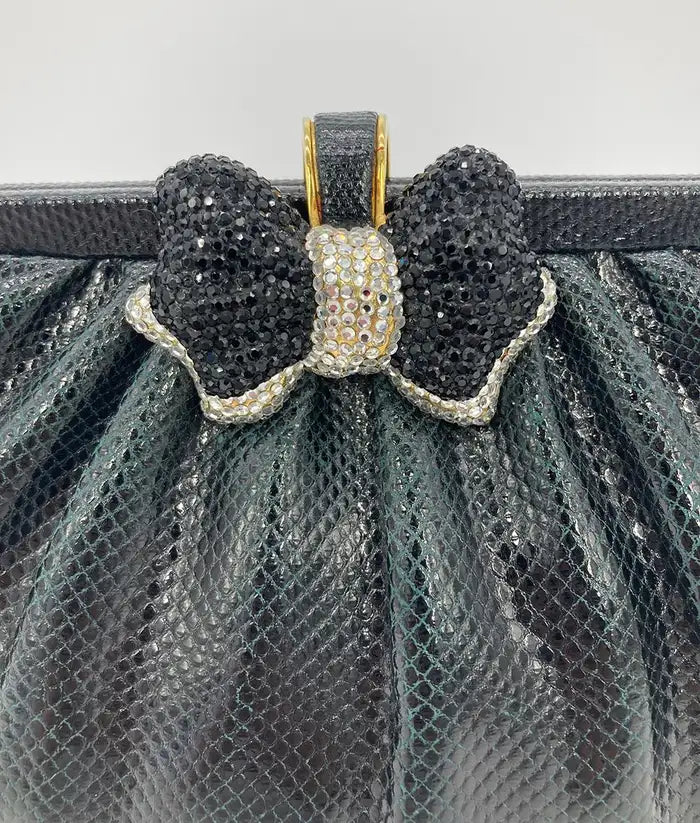 Judith Leiber Black Lizard Swarovski Crystal Bow Top Clutch