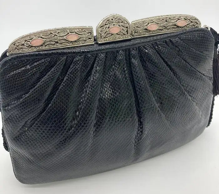 Judith Leiber Black Lizard Antique Silver Crystal Rose Quartz Shoulder Bag