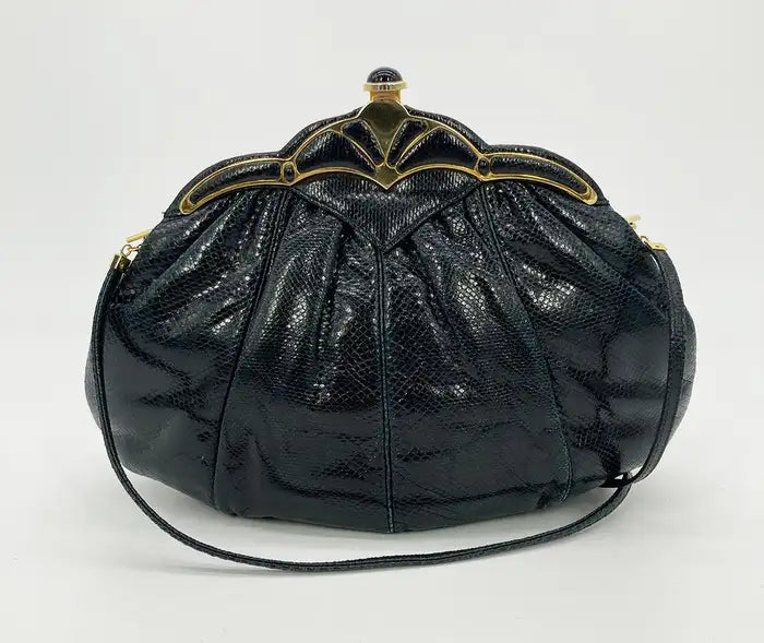 Judith Leiber Black Lizard Gold Scallop Top Clutch – Ladybag