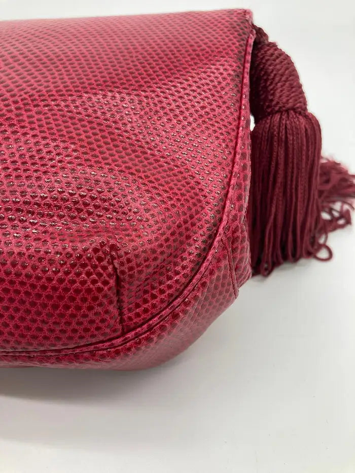 Judith Leiber Red Lizard Tassel Charm Strap Clutch Shoulder Bag