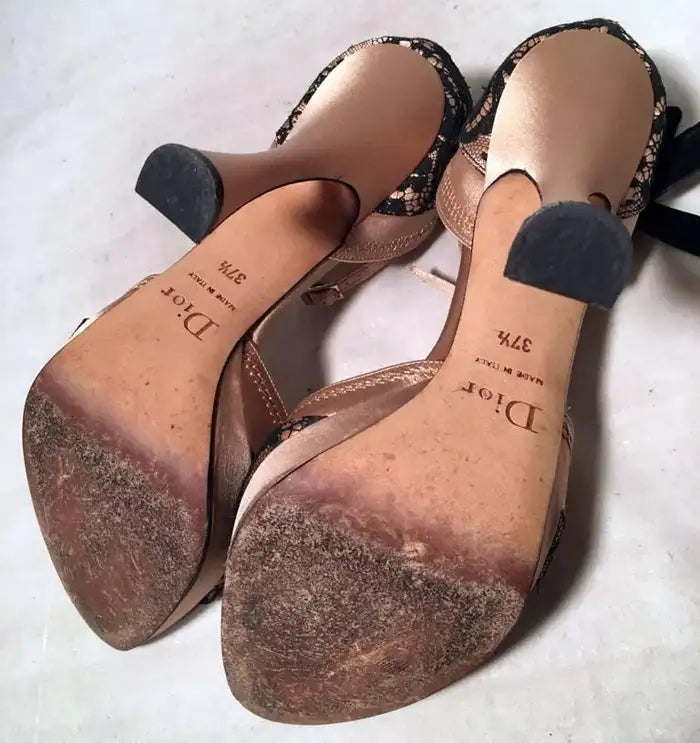 Christian Dior Blush Satin and Black Lace High Heel Ankle Strap Shoes Size 7