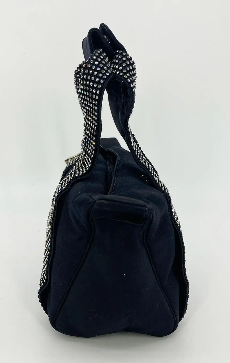Vintage Judith Leiber Black Silk Crystal Handle Evening Bag