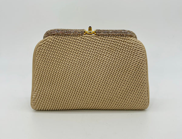 Vintage Judith Leiber Beige Pleated Silk Swarovski Crystal Top Clutch c1980s