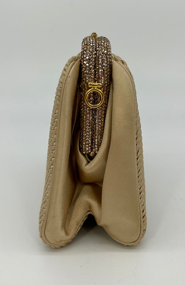 Vintage Judith Leiber Beige Pleated Silk Swarovski Crystal Top Clutch c1980s