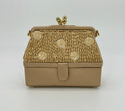 Judith Leiber Vintage Tan Silk Wood Bead Sequin Two Tier Minaudiere Bag