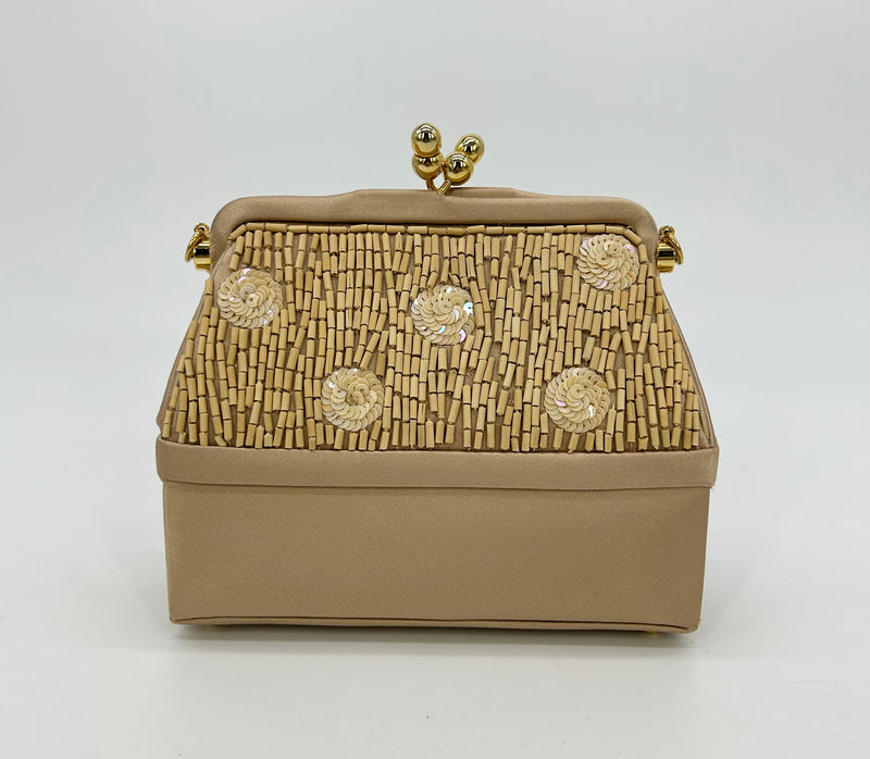 Judith Leiber Vintage Tan Silk Wood Bead Sequin Two Tier Minaudiere Bag