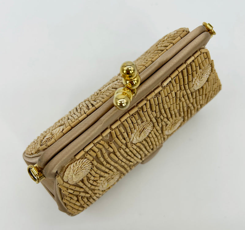 Judith Leiber Vintage Tan Silk Wood Bead Sequin Two Tier Minaudiere Bag