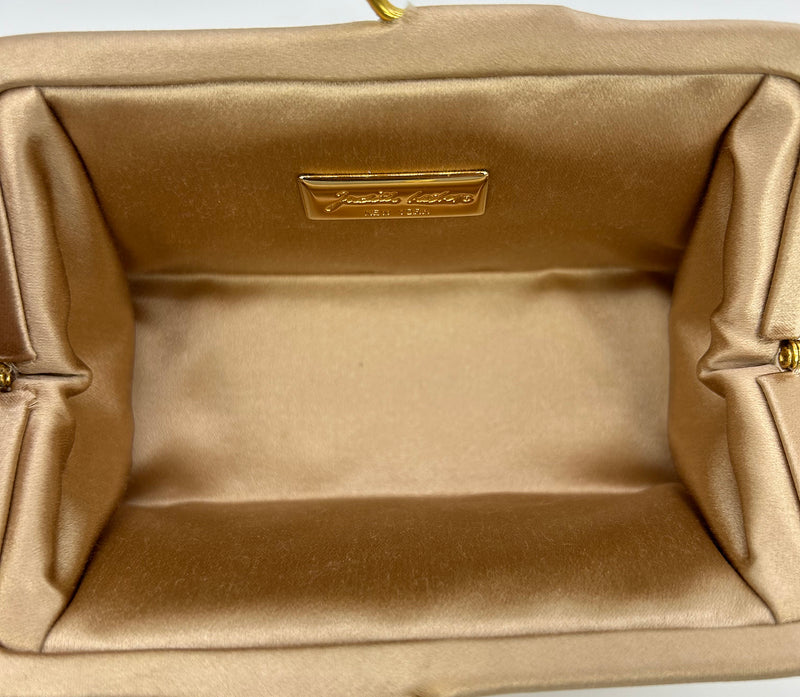 Judith Leiber Vintage Tan Silk Wood Bead Sequin Two Tier Minaudiere Bag