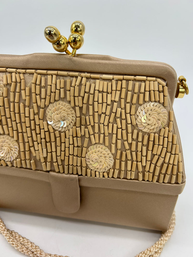 Judith Leiber Vintage Tan Silk Wood Bead Sequin Two Tier Minaudiere Bag