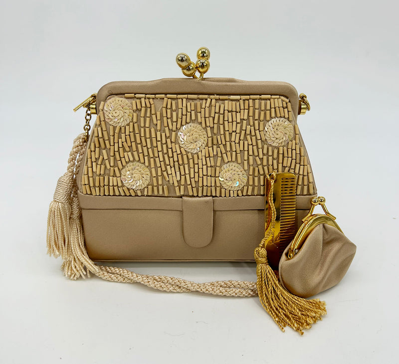 Judith Leiber Vintage Tan Silk Wood Bead Sequin Two Tier Minaudiere Bag