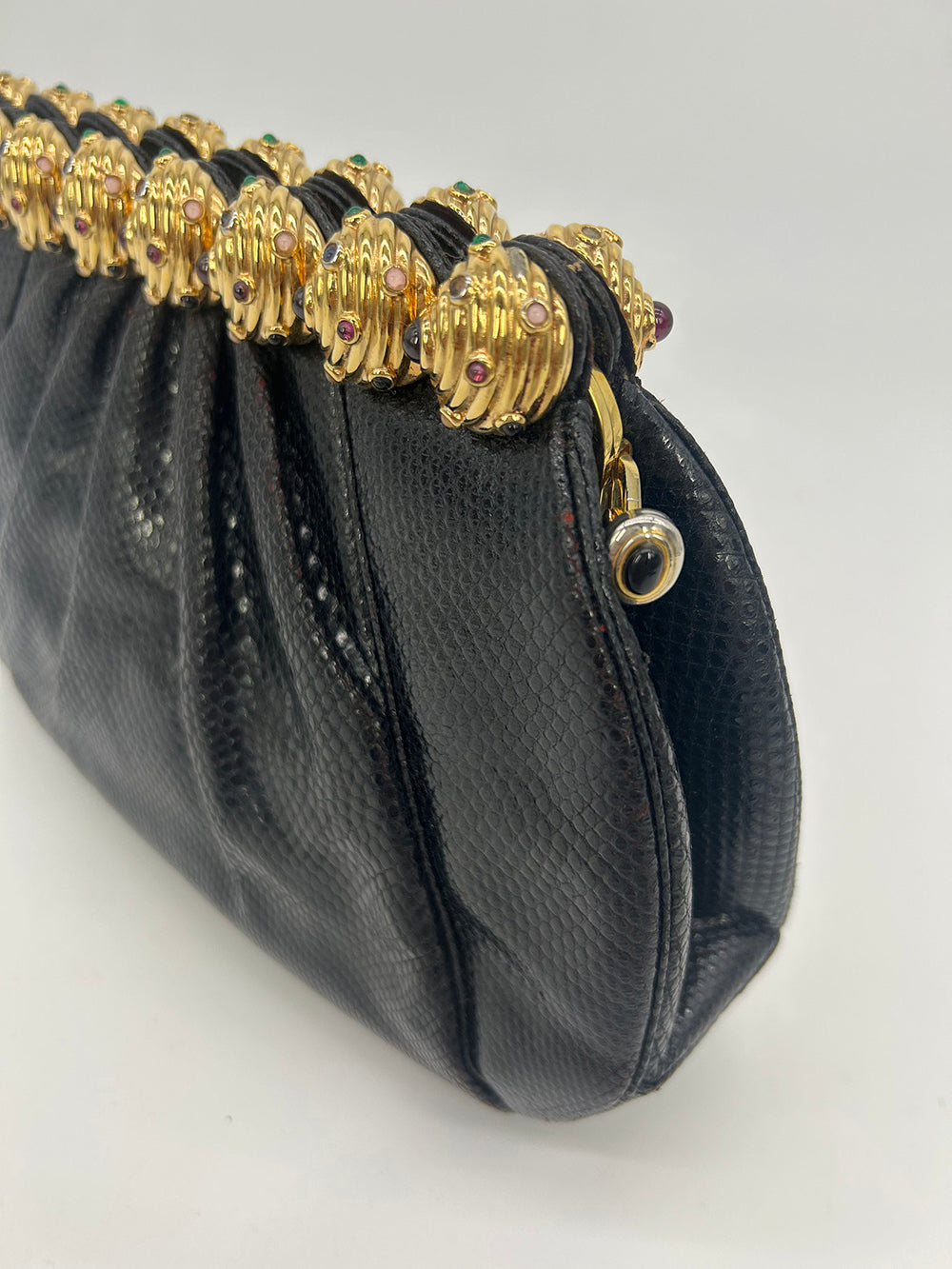Vintage Judith Leiber Black Lizard Gold Gemstone Top Clutch  display picture 1