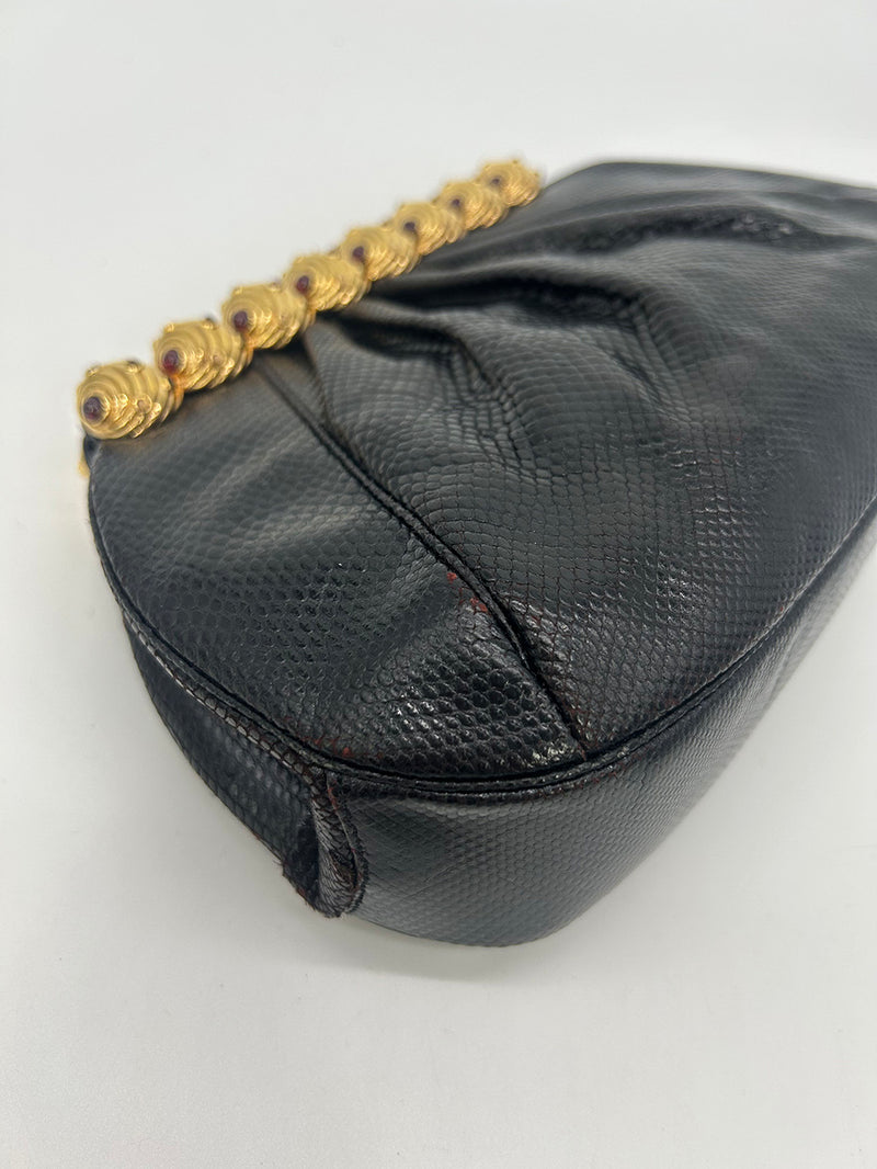 Vintage Judith Leiber Black Lizard Gold Gemstone Top Clutch